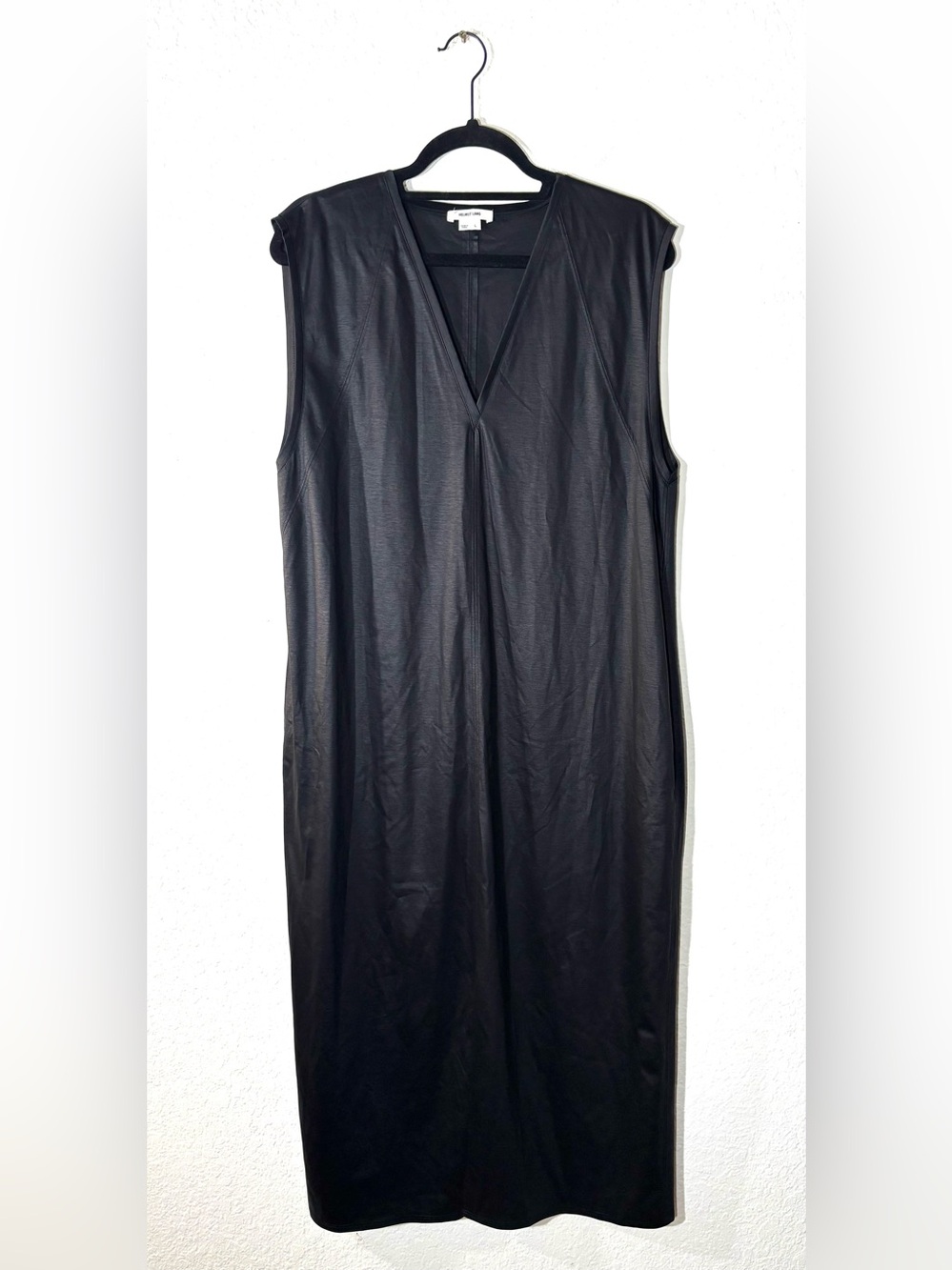Helmut Lang Glossy Black Sleeveless Midi Dress Faux Leather Look Size Large - Picture 2 of 16